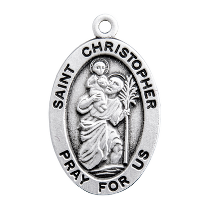 Saint Christopher Sterling Silver Oval Medal Necklace — 18" Chain, Gift Box