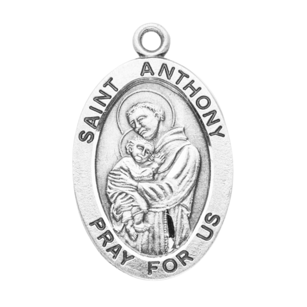 Saint Anthony Oval Sterling Silver Medal Pendant — 24" Chain, Gift Box Included