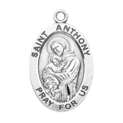 Saint Anthony Oval Sterling Silver Medal Pendant — 24" Chain, Gift Box Included