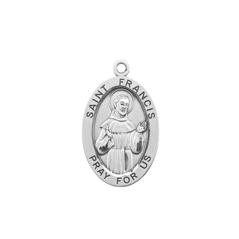 Saint Francis of Assisi Sterling Silver Oval Medal Pendant — 24" Chain