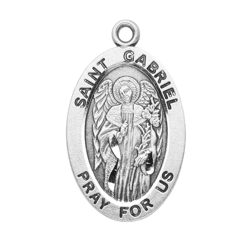 Saint Gabriel Sterling Silver Oval Medal Necklace — 24" Chain, Gift Box