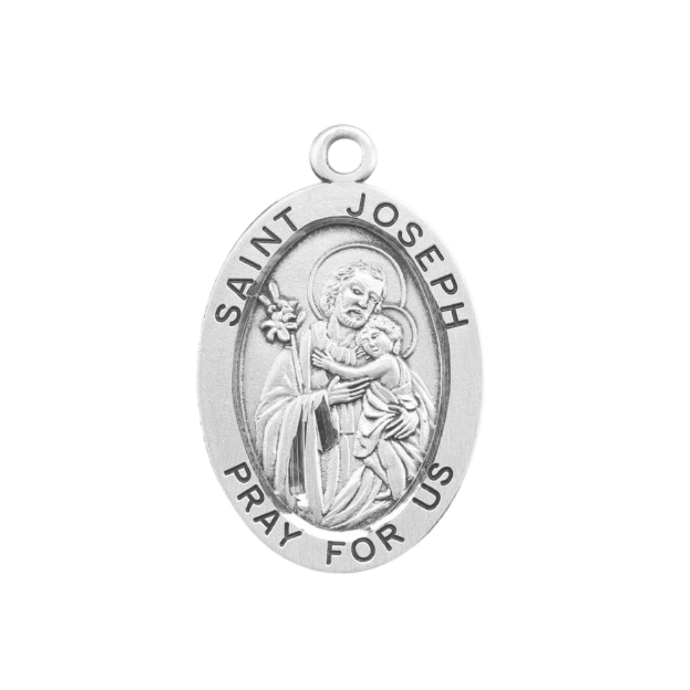 Saint Joseph Sterling Silver Oval Medal Necklace — 24" Chain, Gift Box