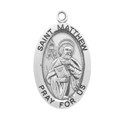Saint Matthew Sterling Silver Medal Pendant — 24" Chain, Gift Box Included