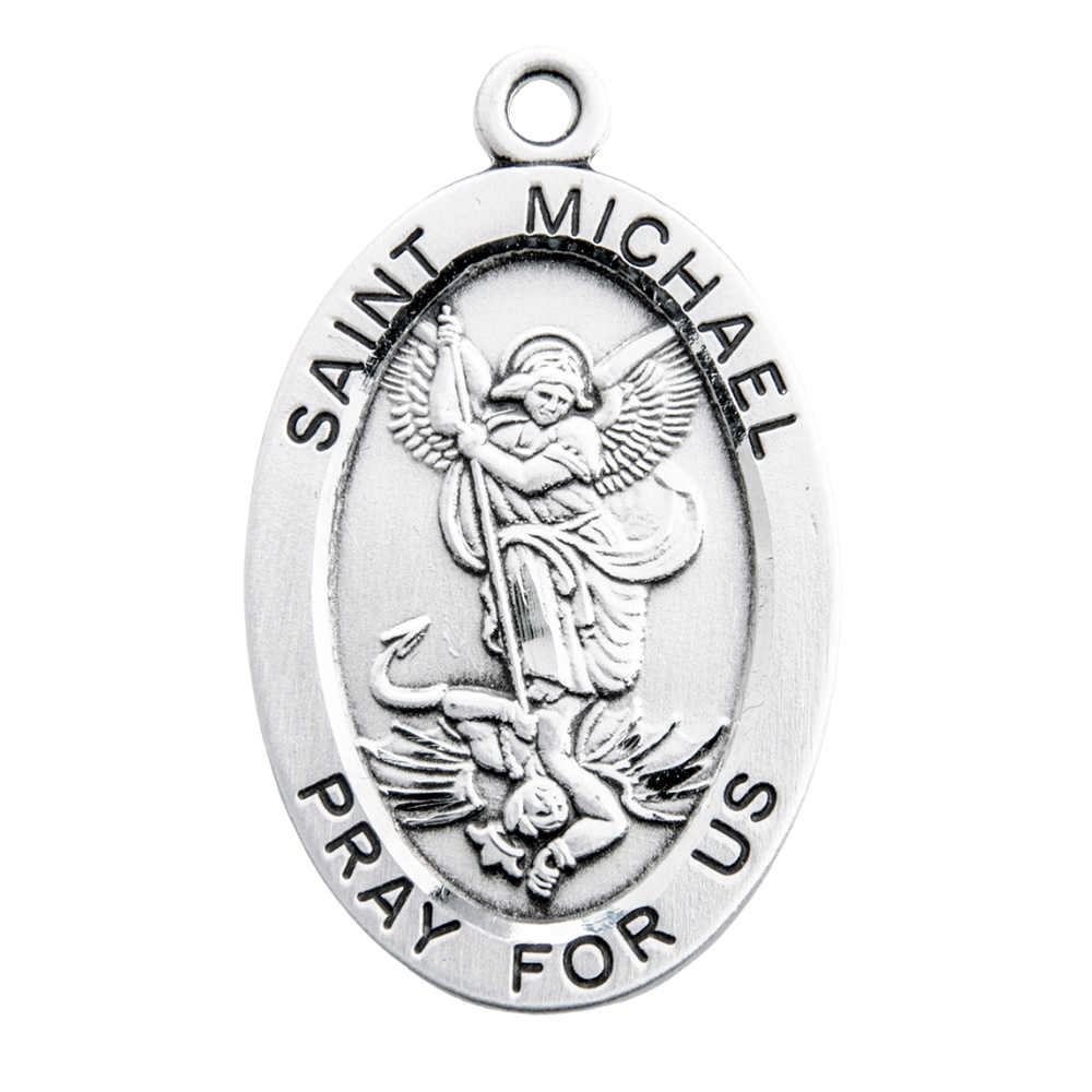 Saint Michael Oval Sterling Silver Medal Pendant Necklace — 24" Chain, Gift Box