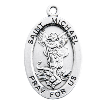 Saint Michael Oval Sterling Silver Medal Pendant Necklace — 24" Chain, Gift Box
