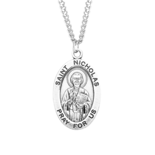 Patron Saint Nicholas Oval Sterling Silver Medal, Catholic Gift, Made in USA