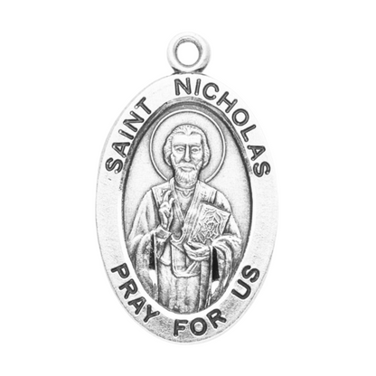 Saint Nicholas Sterling Silver Oval Medal Pendant — 24" Chain, Gift Box