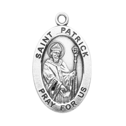 Saint Patrick Sterling Silver Oval Medal Pendant — 24" Chain, Gift Box Included