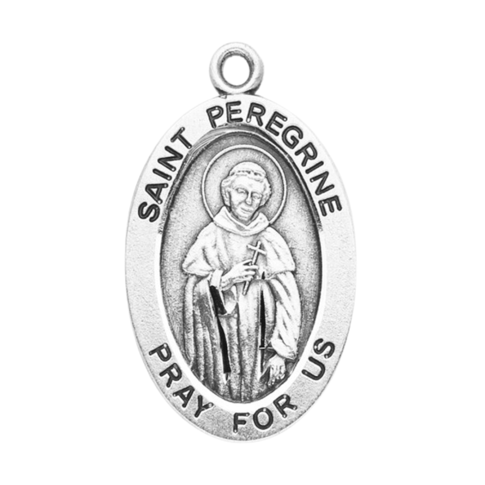 Saint Peregrine Sterling Silver Oval Medal — 24" Chain, Gift Box Included