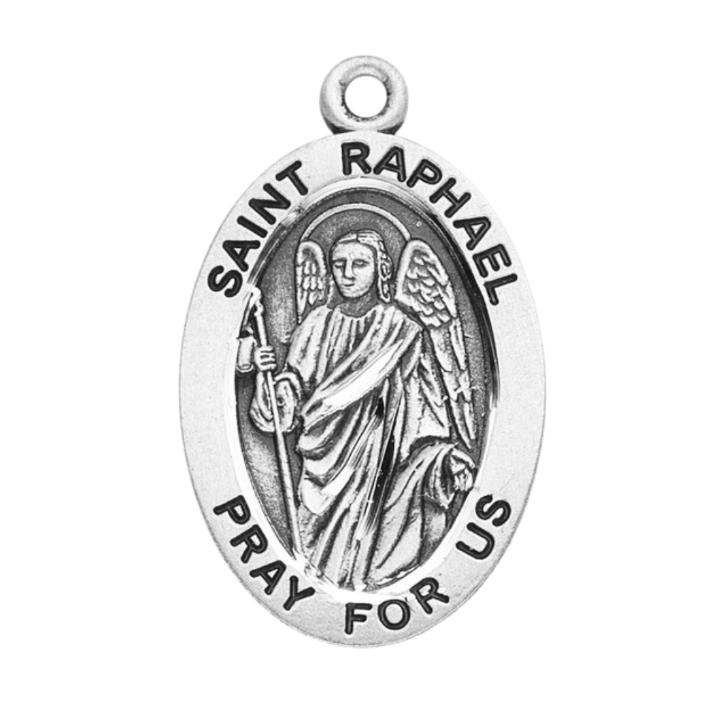 Saint Raphael Archangel Sterling Silver Medal Pendant Necklace - 24 Inch Chain