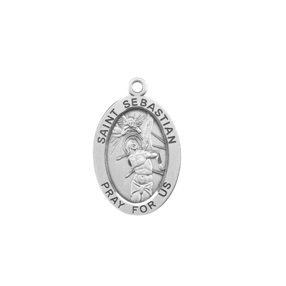 Saint Sebastian Sterling Silver Oval Medal Necklace — 24" Chain, Gift Box