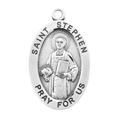 Saint Stephen Sterling Silver Oval Medal Necklace — 24" Chain, Gift Box Included