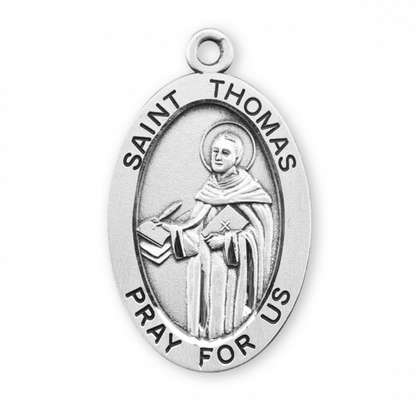 Saint Thomas Aquinas Sterling Silver Oval Medal Necklace - 24 Inch Chain
