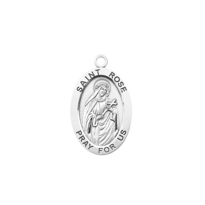 Saint Rose Sterling Silver Oval Medal Necklace — 24" Chain, Gift Box Included