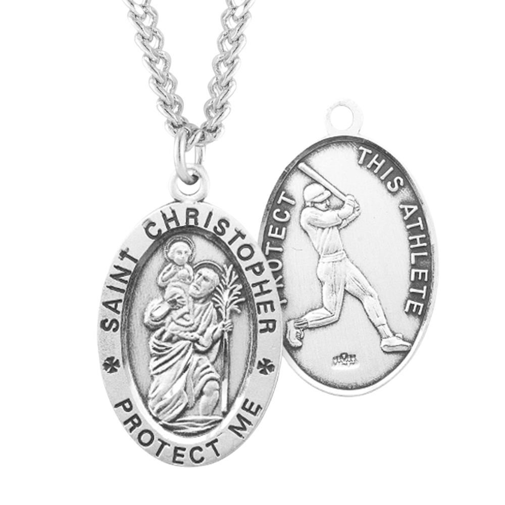 Saint Christopher Oval Sterling Silver Baseball Male Athlete Medal, Catholic Gift, Made in USA
