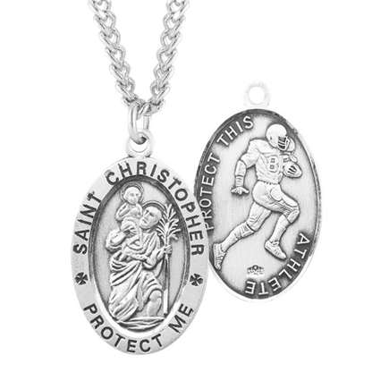 Saint Christopher Oval Sterling Silver Football Male Athlete Medal, Catholic Gift, Made in USA