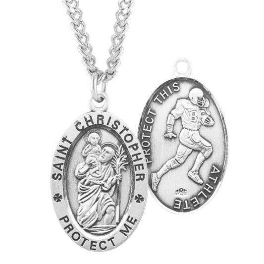 Saint Christopher Oval Football Male Athlete Medal Sterling Silver Pendant - 24 Inch Chain, Made in USA, Gift Box Included