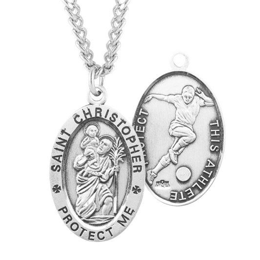 Saint Christopher Oval Sterling Silver Soccer Male Athlete Medal, Catholic Gift, Made in USA