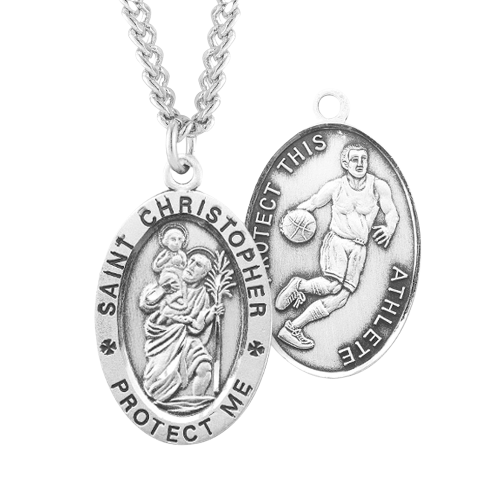 Saint Christopher Oval Sterling Silver Basketball Male Athlete Medal, Catholic Gift, Made in USA