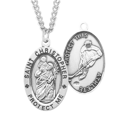 Saint Christopher Oval Sterling Silver Hockey Male Athlete Medal, Catholic Gift, Made in USA