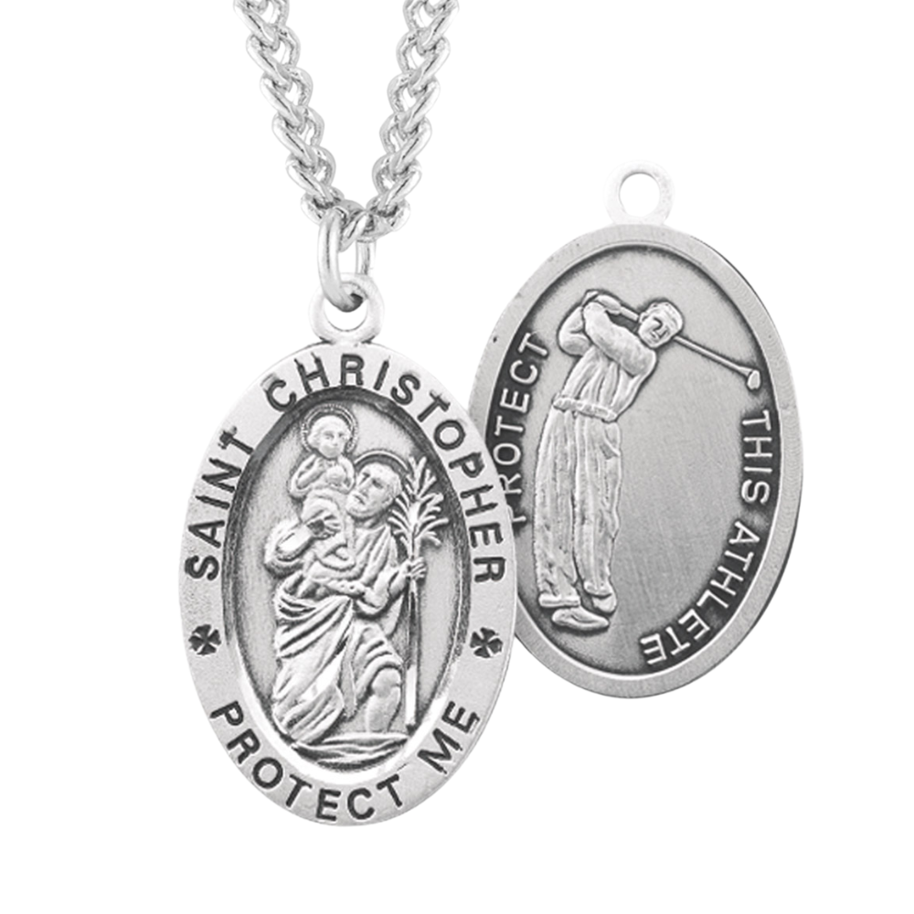 Saint Christopher Oval Sterling Silver Golf Male Athlete Medal, Catholic Gift, Made in USA