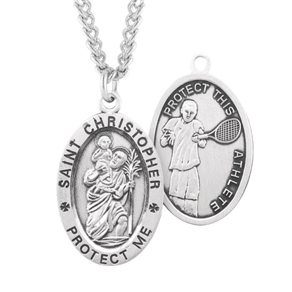 Saint Christopher Oval Sterling Silver Tennis Male Athlete Medal, Catholic Gift, Made in USA