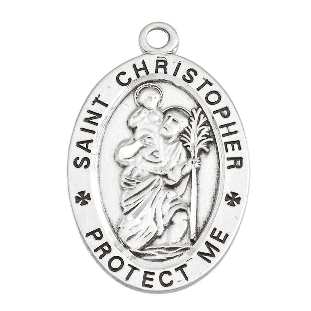 Saint Christopher Sterling Silver Tennis Medal Pendant — 24 Inch Chain, Gift Box