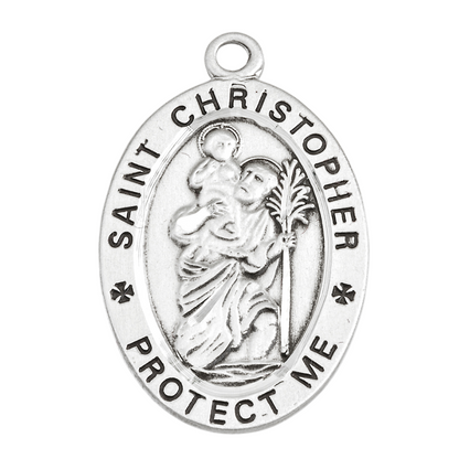 Saint Christopher Sterling Silver Tennis Medal Pendant — 24 Inch Chain, Gift Box