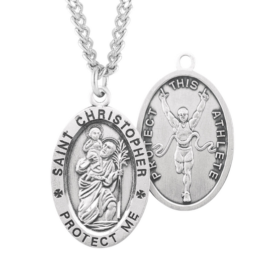 Sterling Silver Oval Sterling Silver Saint Christopher Track Male Athlete Medal, Catholic Gift, Made in USA