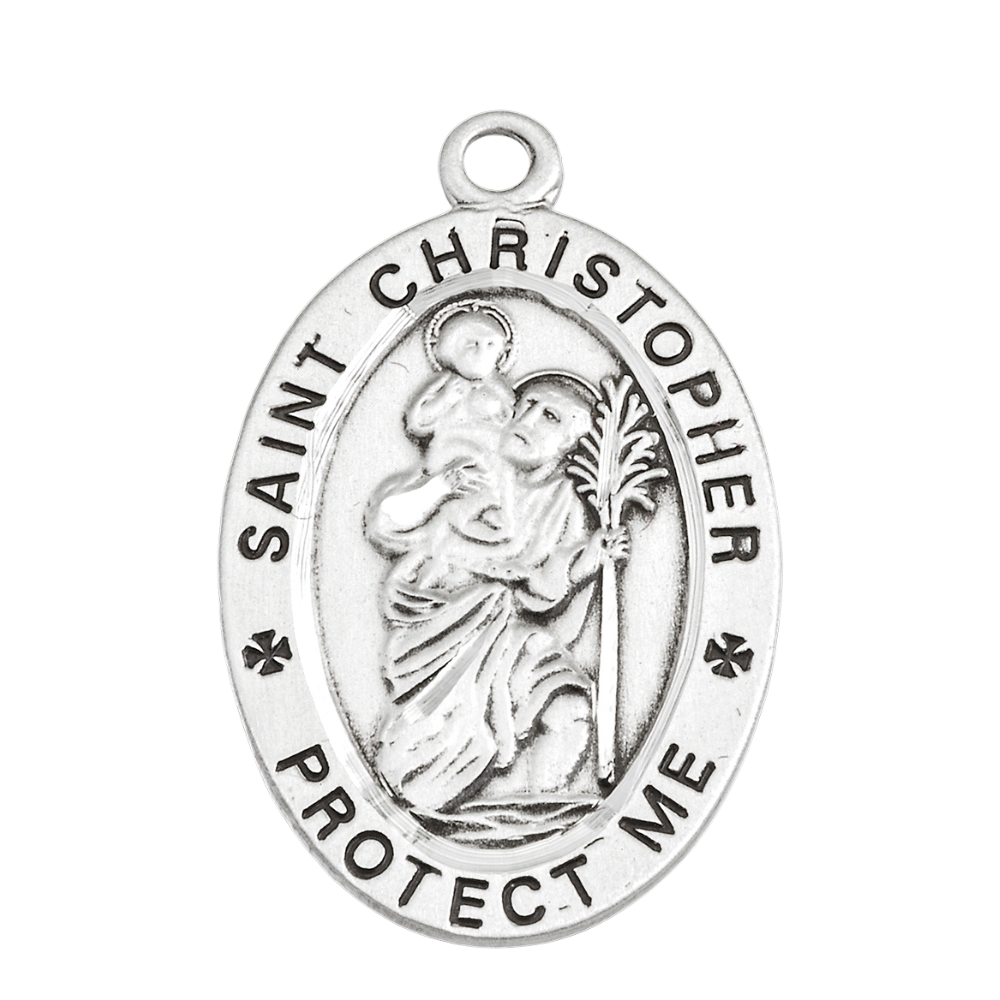 Saint Christopher Sterling Silver Track Medal Necklace — 24" Chain, Gift Box