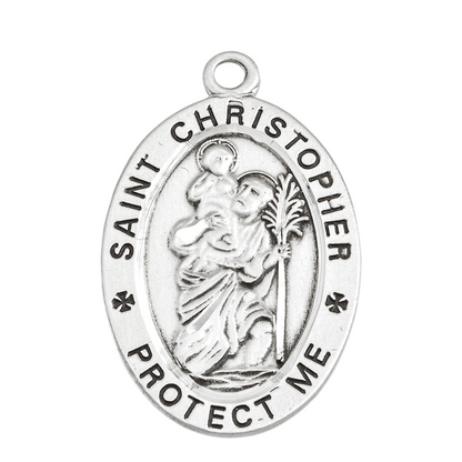 Saint Christopher Sterling Silver Track Medal Necklace — 24" Chain, Gift Box