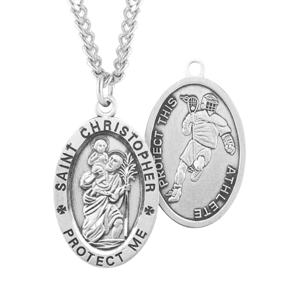 Saint Christopher Oval Sterling Silver Lacrosse Male Athlete Medal, Catholic Gift, Made in USA