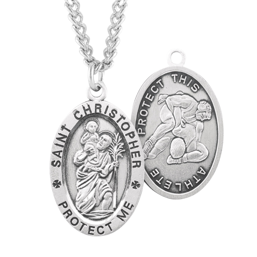 Saint Christopher Oval Sterling Silver Wrestling Male Athlete Medal, Catholic Gift, Made in USA