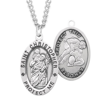 Saint Christopher Oval Sterling Silver Wrestling Male Athlete Medal, Catholic Gift, Made in USA