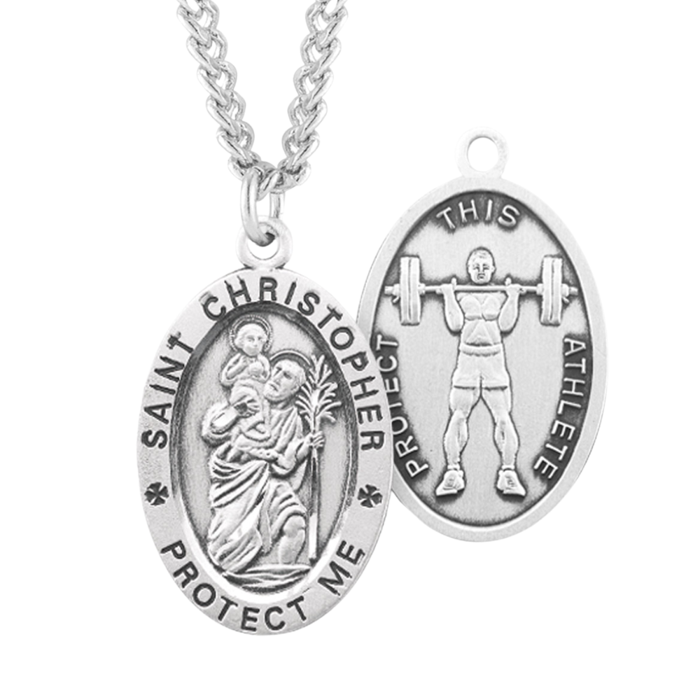 Saint Christopher Oval Sterling Silver weightlifting Male Athlete Medal, Catholic Gift, Made in USA