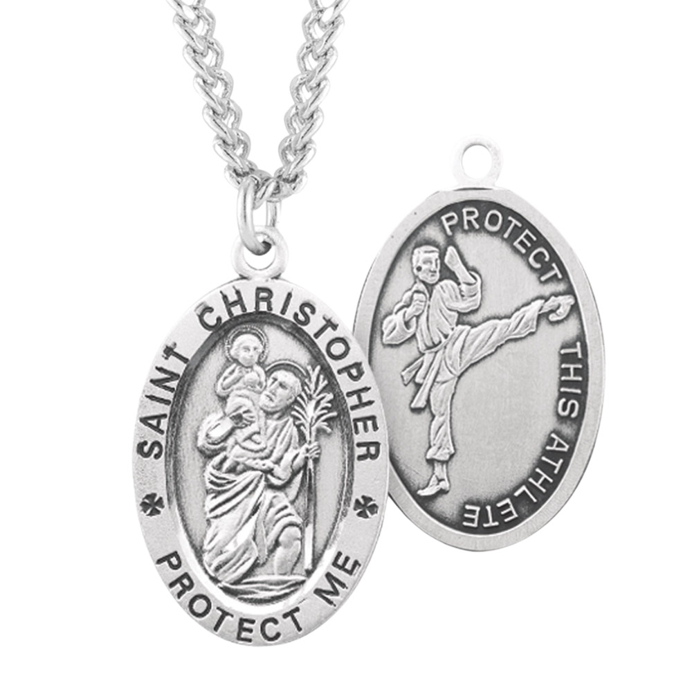Saint Christopher Oval Sterling Silver Martial Arts Athlete Medal, Catholic Gift, Made in USA