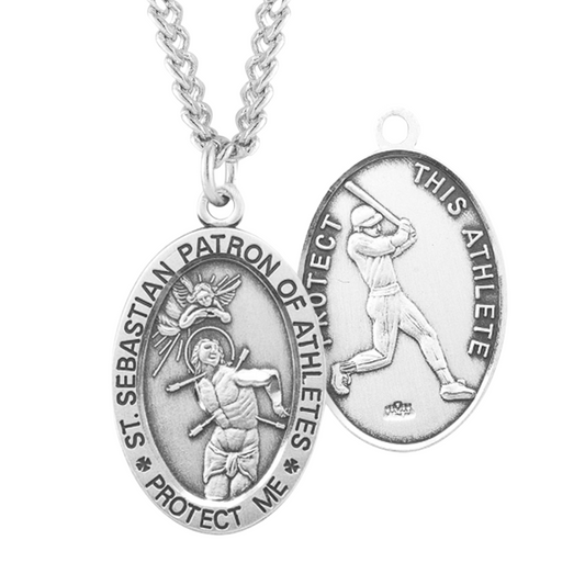 Saint Sebastian Oval Baseball Male Athlete Medal Sterling Silver Pendant - 24 Inch Chain, Made in USA, Gift Box Included
