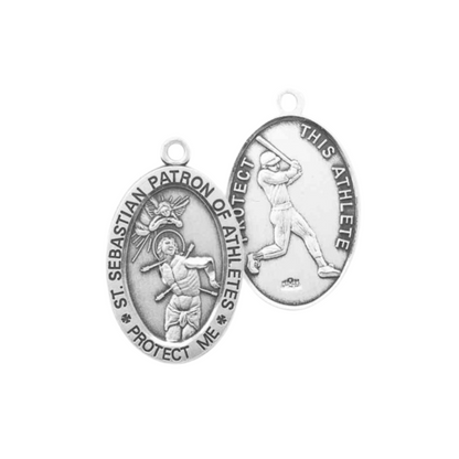 Saint Sebastian Sterling Silver Baseball Medal Necklace — 24" Chain, Gift Box