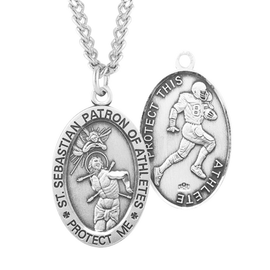 Saint Sebastian Oval Football Male Athlete Medal Sterling Silver Pendant - 24 Inch Chain, Made in USA, Gift Box Included