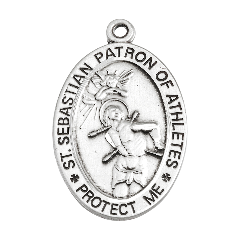 Saint Sebastian Football Medal Sterling Silver Pendant — 24" Chain, Gift Box