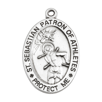Saint Sebastian Football Medal Sterling Silver Pendant — 24" Chain, Gift Box