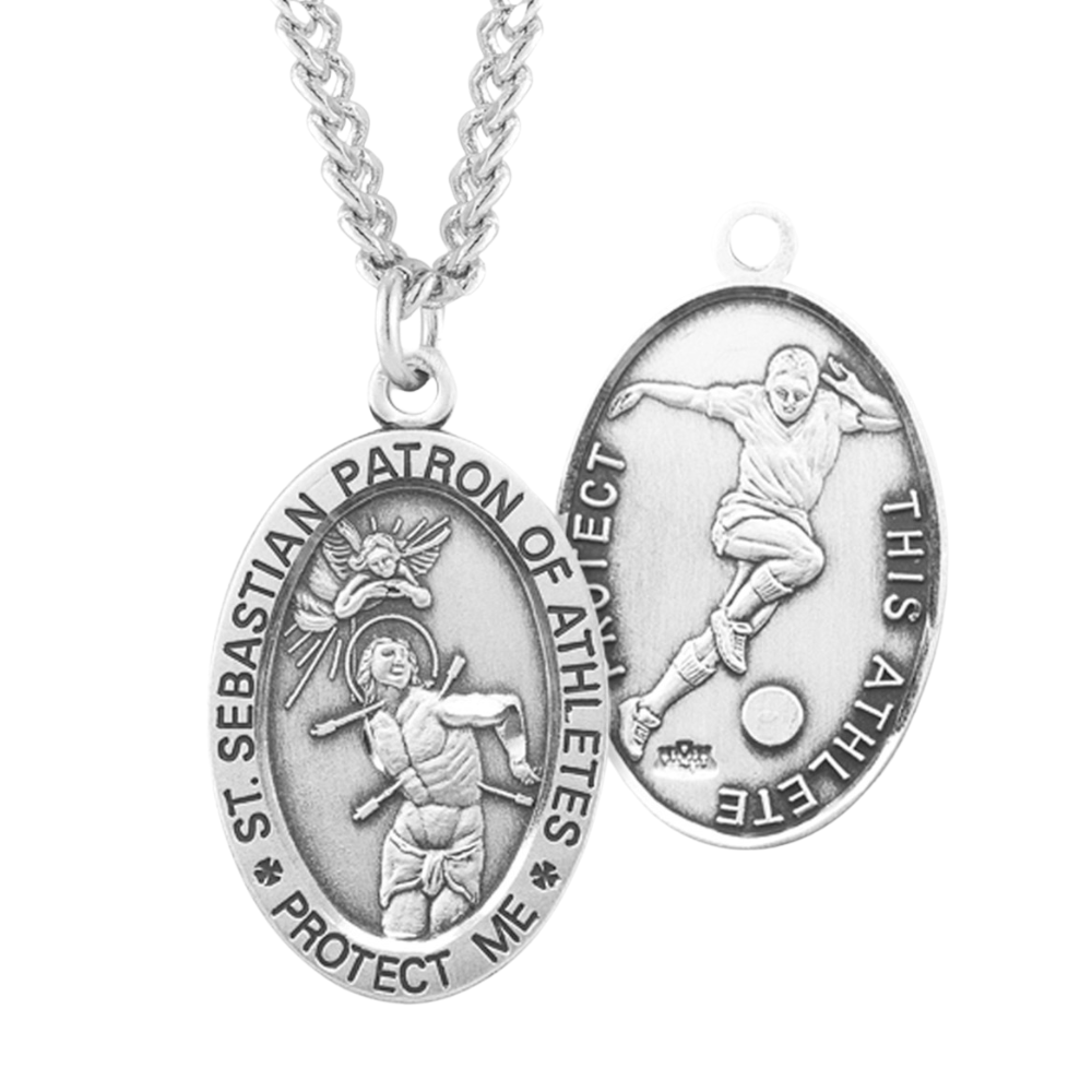 Saint Sebastian Oval Sterling Silver Soccer Male Athlete Medal, Catholic Gift, Made in USA