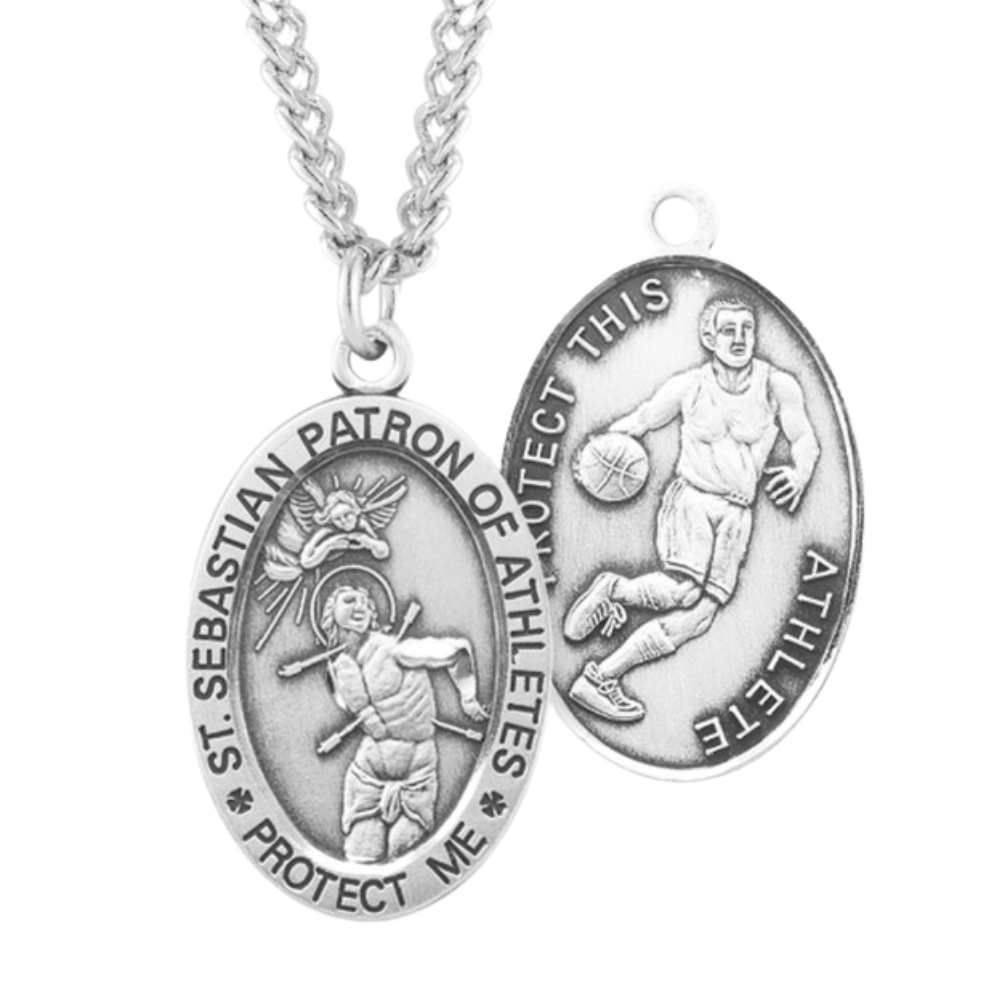 Saint Sebastian Oval Sterling Silver Basketball Male Athlete Medal, Catholic Gift, Made in USA