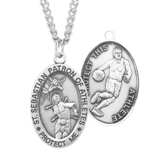 Saint Sebastian Oval Sterling Silver Basketball Male Athlete Medal, Catholic Gift, Made in USA