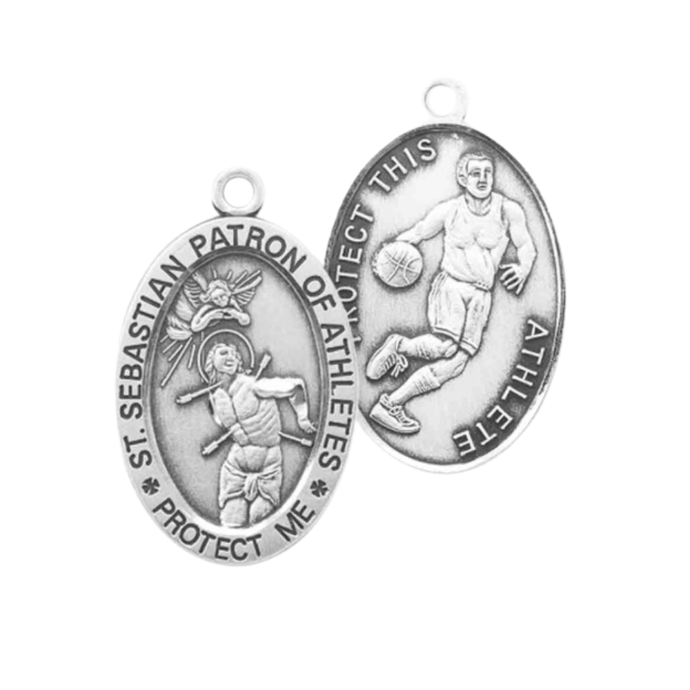 Saint Sebastian Basketball Medal Sterling Silver Necklace — 24" Chain, Gift Box