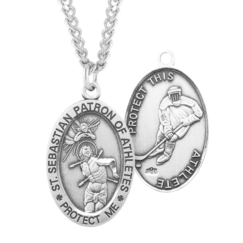 Saint Sebastian Oval Sterling Silver Hockey Male Athlete Medal, Catholic Gift, Made in USA
