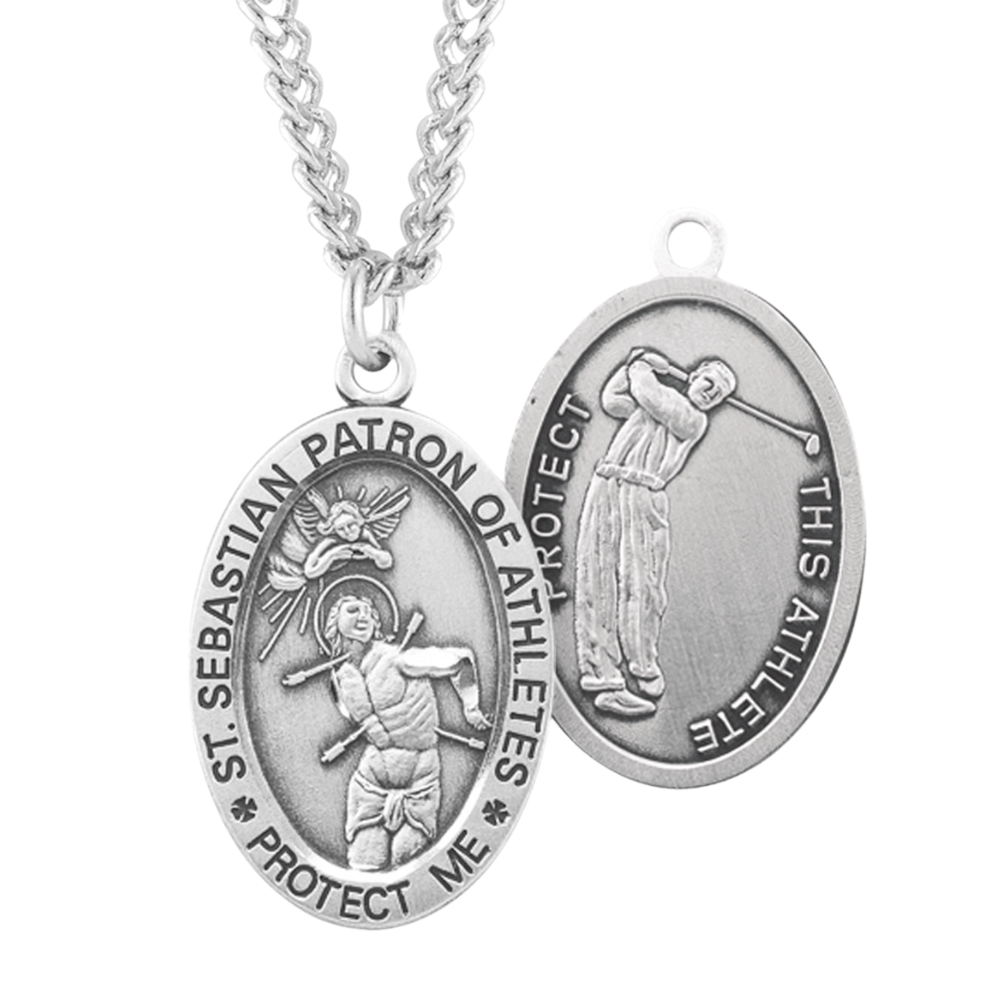 Saint Sebastian Oval Sterling Silver Golf Male Athlete Medal, Catholic Gift, Made in USA