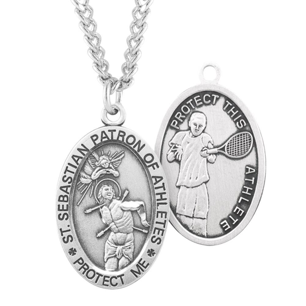 Saint Sebastian Oval Sterling Silver Tennis Male Athlete Medal, Catholic Gift, Made in USA
