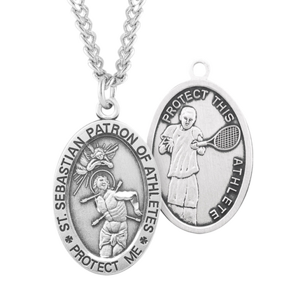 Saint Sebastian Oval Sterling Silver Tennis Male Athlete Medal, Catholic Gift, Made in USA
