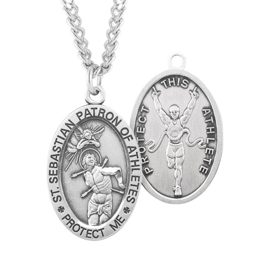 Saint Sebastian Oval Sterling Silver Track Male Athlete Medal, Catholic Gift, Made in USA